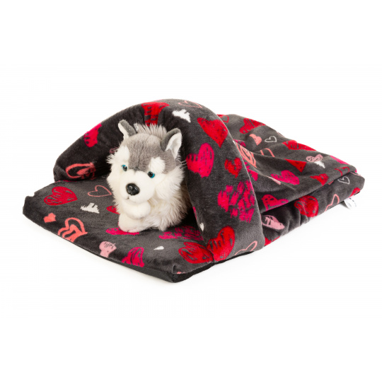 Kuschelbett - "Pantoffel" grau/rot Herzen