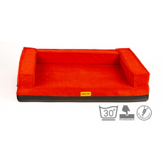 Orthopädisches Hundesofa, 10cm hoch gepolsterte Bettkante, 10cm hoch Viscoschaum, Velour rot/ Kunstleder rot