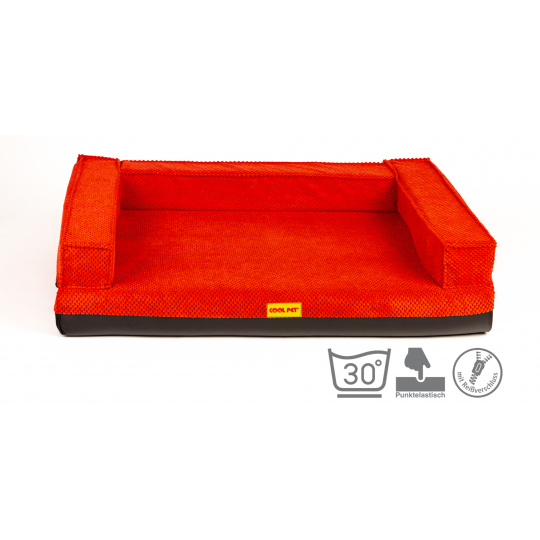 Orthopädisches Hundebett, gepolsterter Rand - roter Velours/rotes Kunstleder