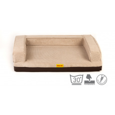 Orthopädisches Hundebett, mit 10cm hoch gepolsterte Bettkante, beige Velour/unten Kunstleder braun, 10cm hoch Viscoplatte